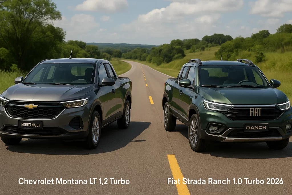 Comparativo carros Chevrolet Montana LT 1.2 Turbo ano 2025 X Fiat Strada Ranch 1.0 Turbo ano 2026