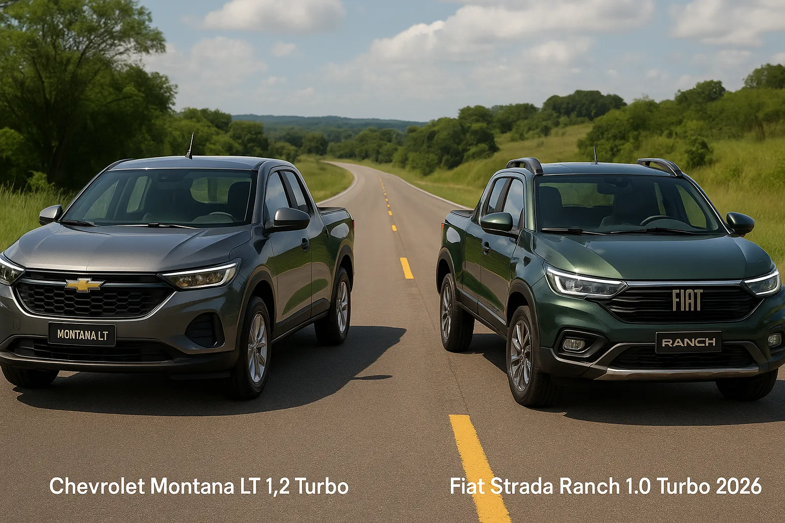 Comparativo carros Chevrolet Montana LT 1.2 Turbo ano 2025 X Fiat Strada Ranch 1.0 Turbo ano 2026