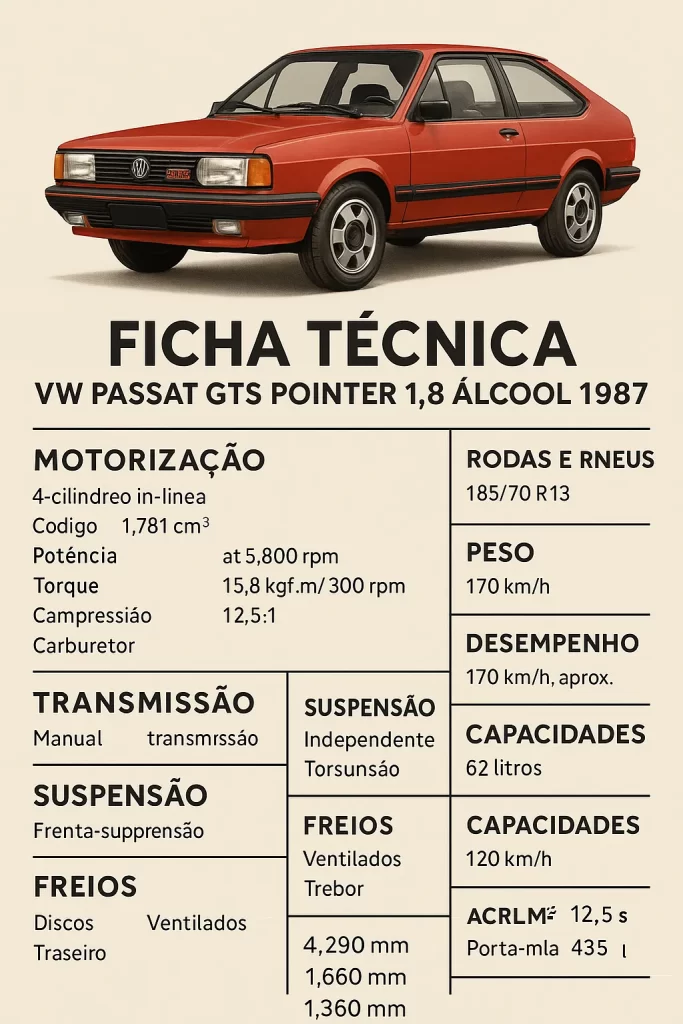Ficha Técnica carros Volkswagen Passat GTS 1.8 Pointer ano 1987 