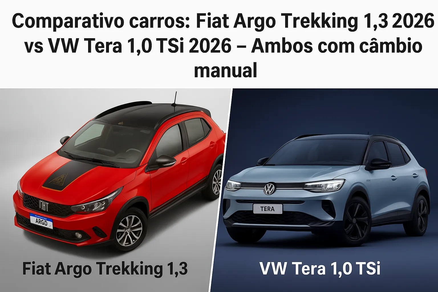 Comparativo carros: Fiat Argo Trekking 1.3 ano 2026 vs VW Tera 1.0 TSi ano 2026 - Ambos com câmbio manual