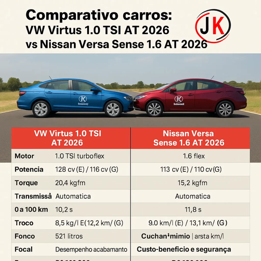 Comparativo carros VW Virtus 1.0 TSi AT ano 2026 vs Nissan Versa Sense 1.6 AT ano 2026