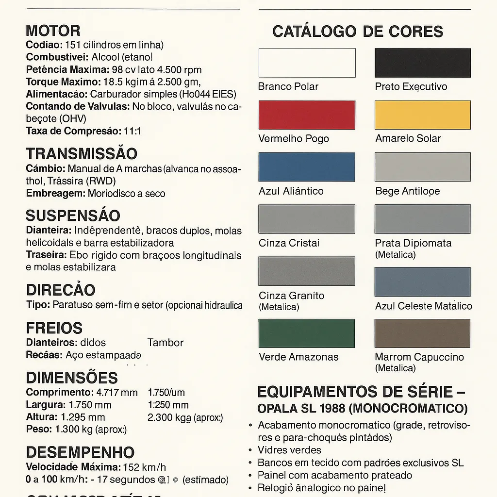 Ficha Técnica carros Chevrolet Opala SL 4 portas 2.5 monocromático a álcool ano 1988