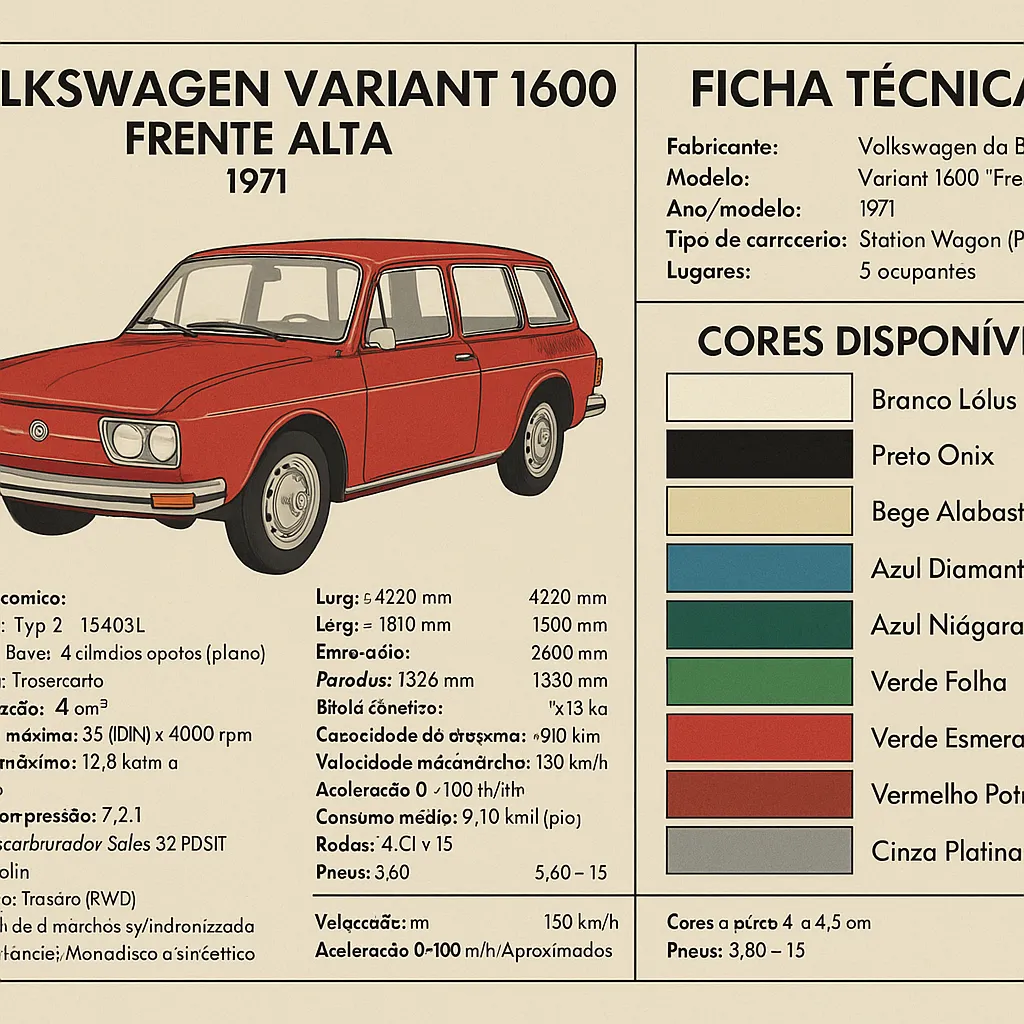 Ficha Técnica carros VW Variant 1600 Frente alta Verde Folha ano 1971