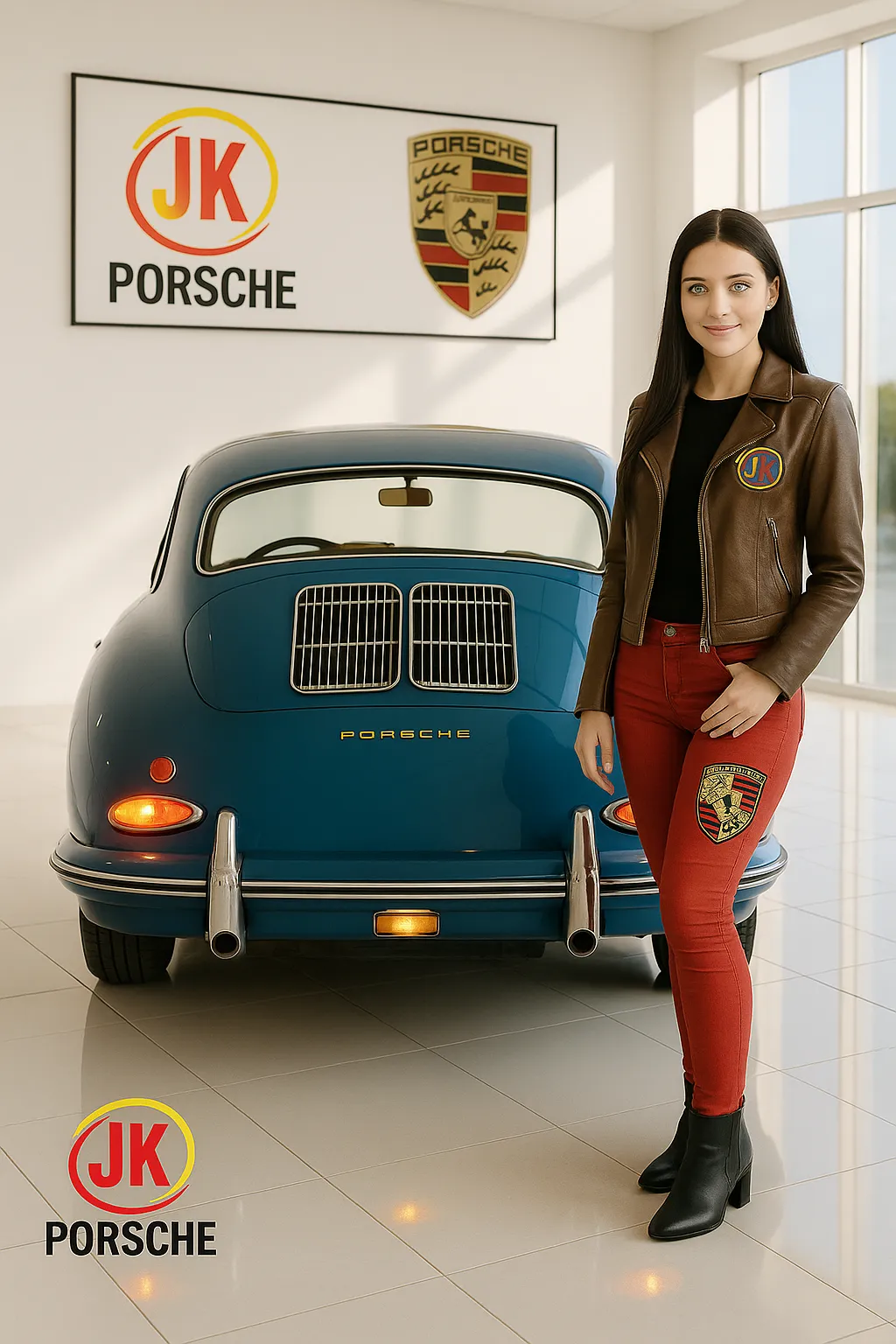 Porsche 356 Carrera 1500 GS em ambiente de estúdio, ilustrando cores e acabamento.