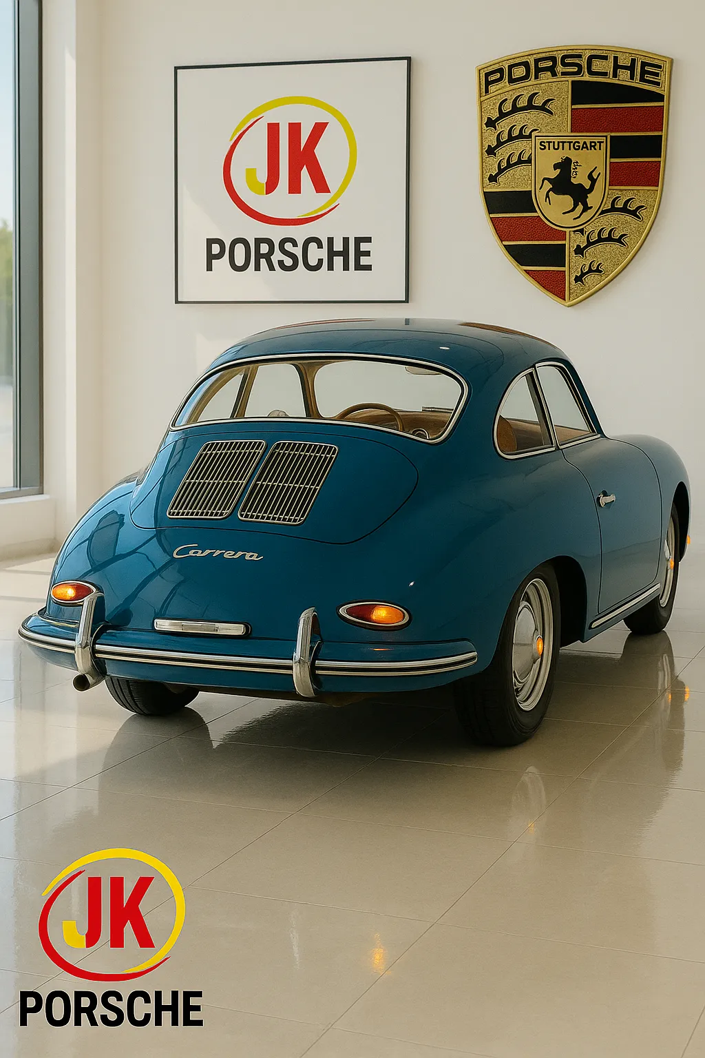 Porsche 356 Carrera 1500 GS visto por trás, com destaque para a tampa do motor.