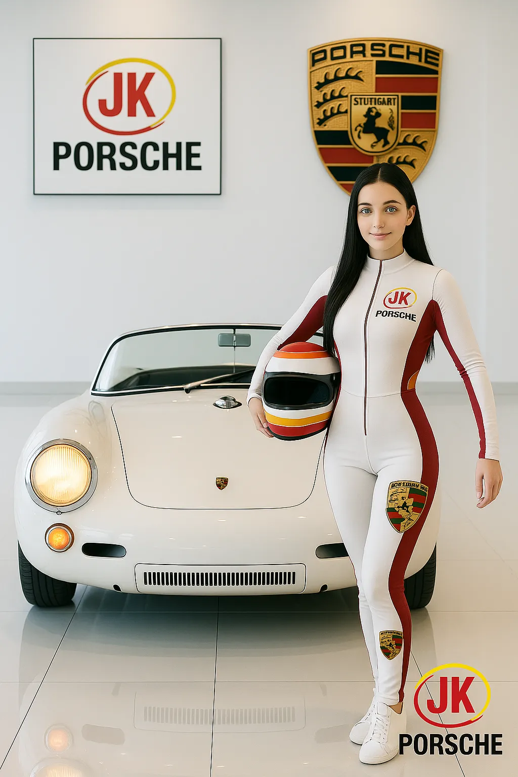 Porsche 550 Spyder em ambiente interno iluminado, simulando showroom