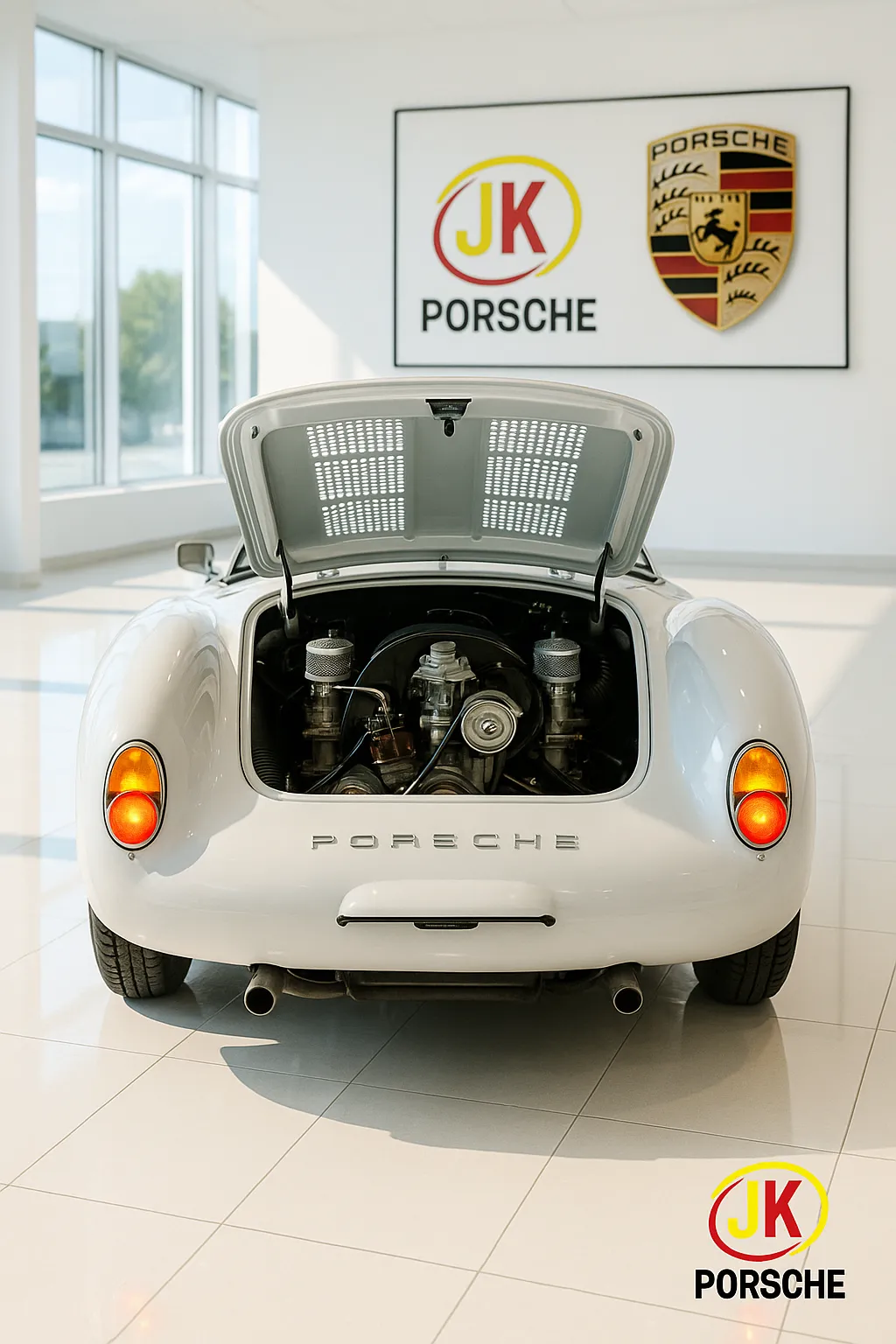 Porsche 550 Spyder em posição de destaque em showroom
