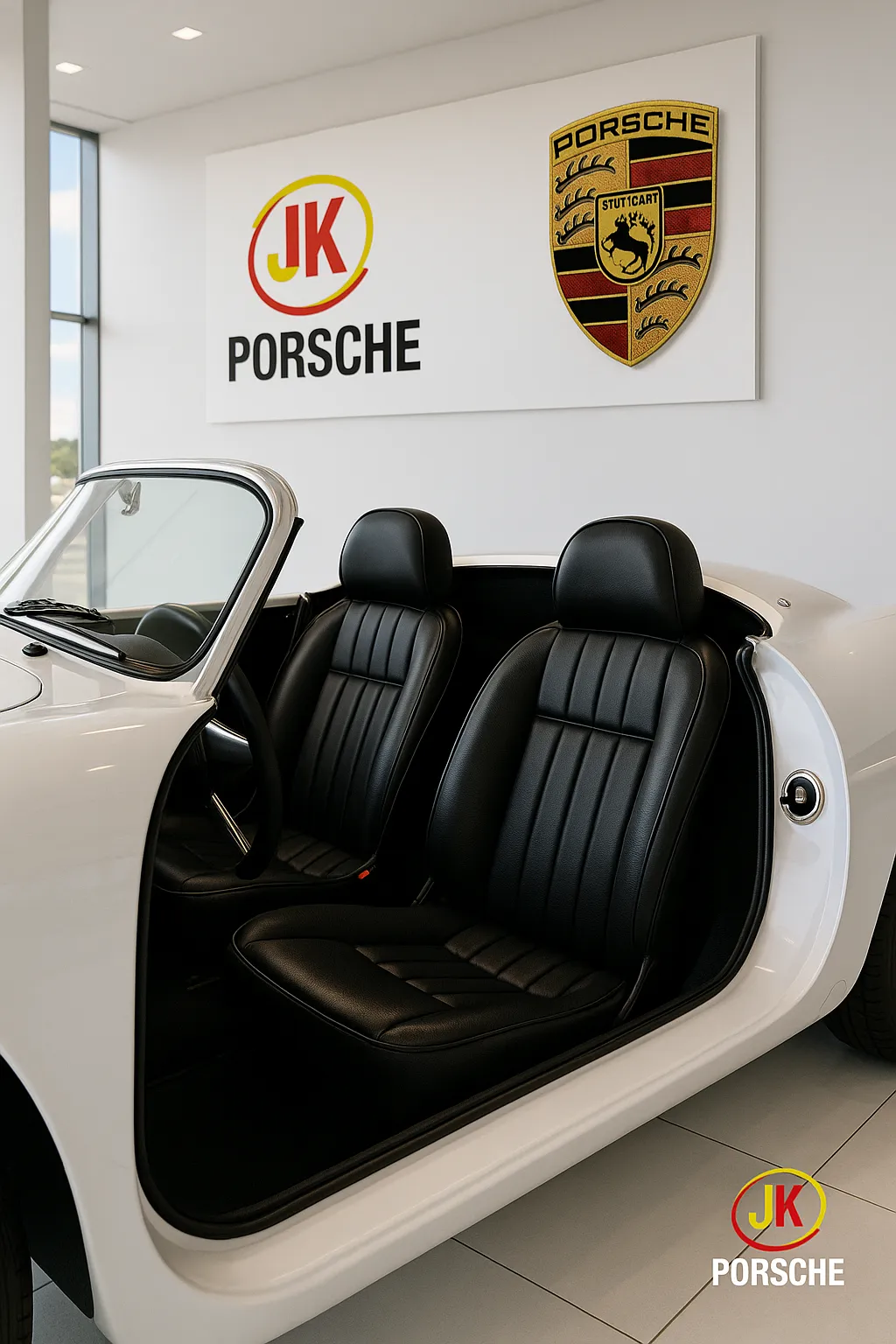 Close dos bancos e interior minimalista do Porsche 550 Spyder