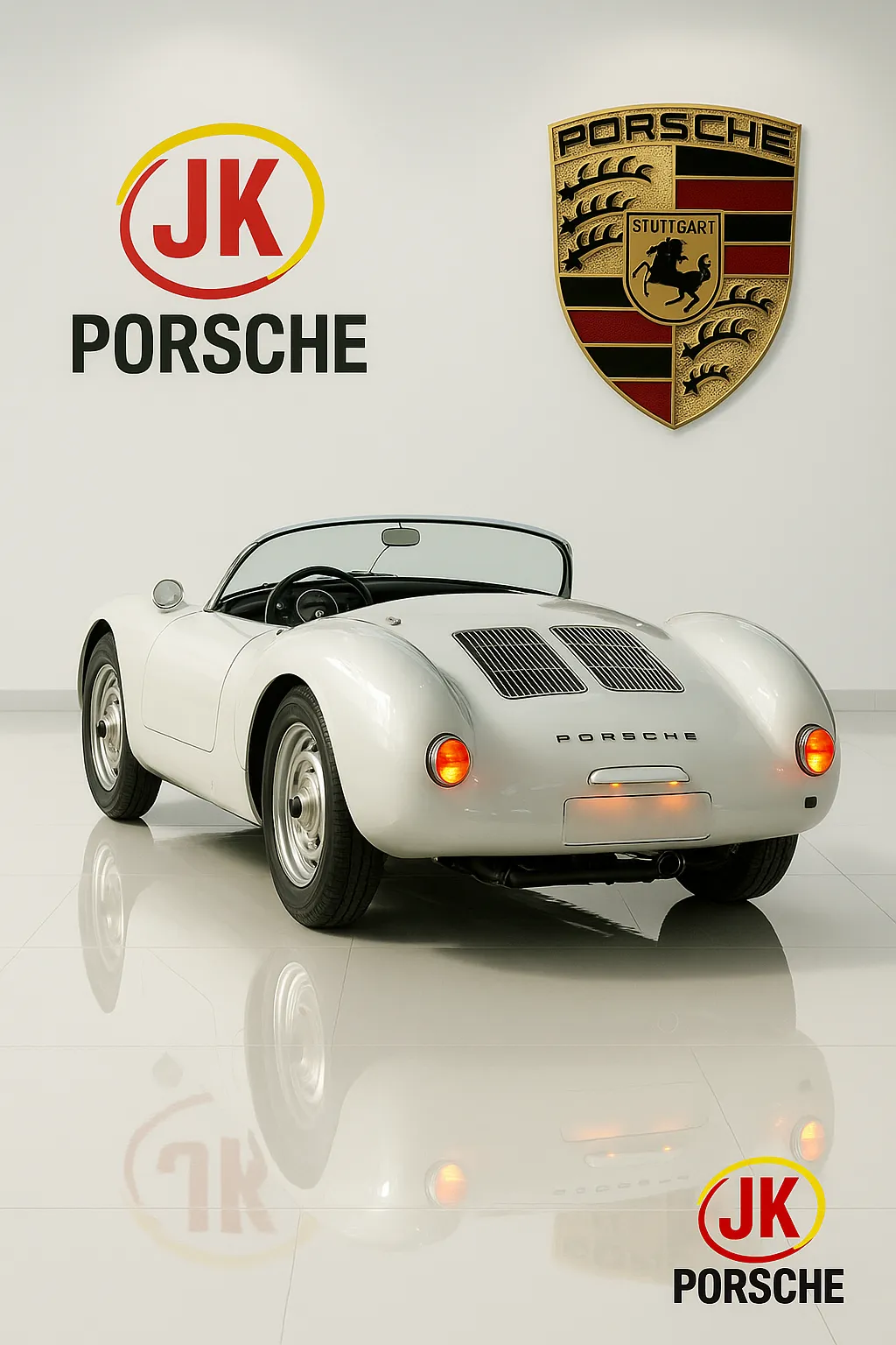 Traseira do Porsche 550 Spyder com tampa do motor aberta