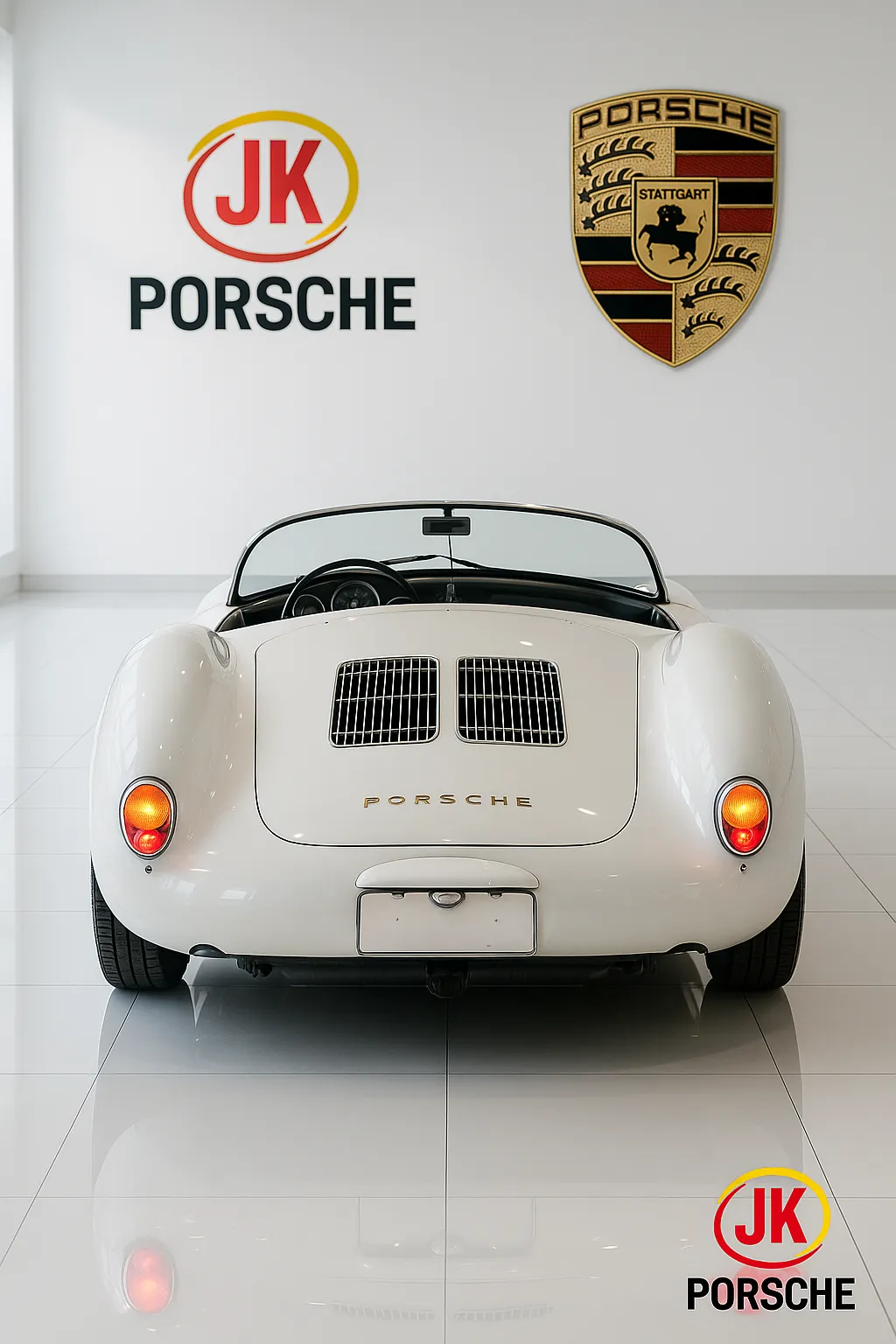 Porsche 550 Spyder em ambiente de showroom, exemplar de colecionador