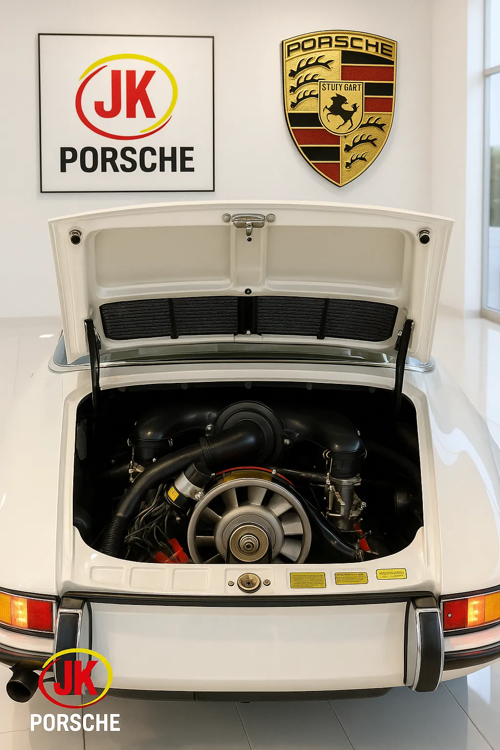 Detalhe da área do motor do Porsche 911 E Targa 1969 com foco na injeção mecânica Bosch