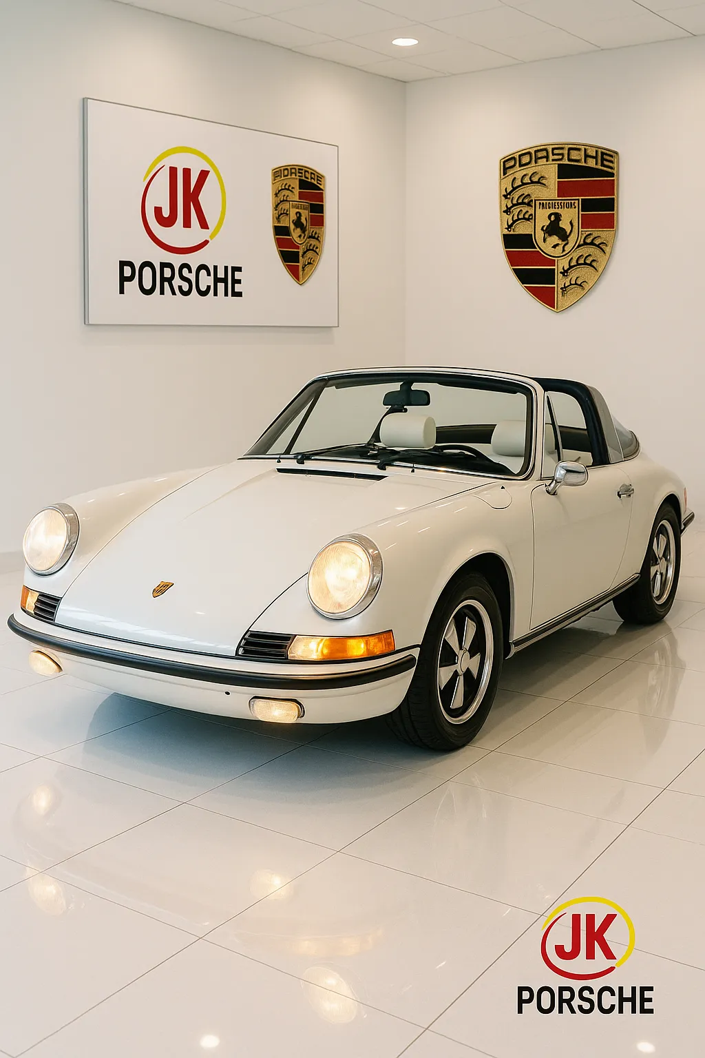 Vista lateral do Porsche 911 E Targa 1969, destacando o arco Targa e a postura de esportivo clássico