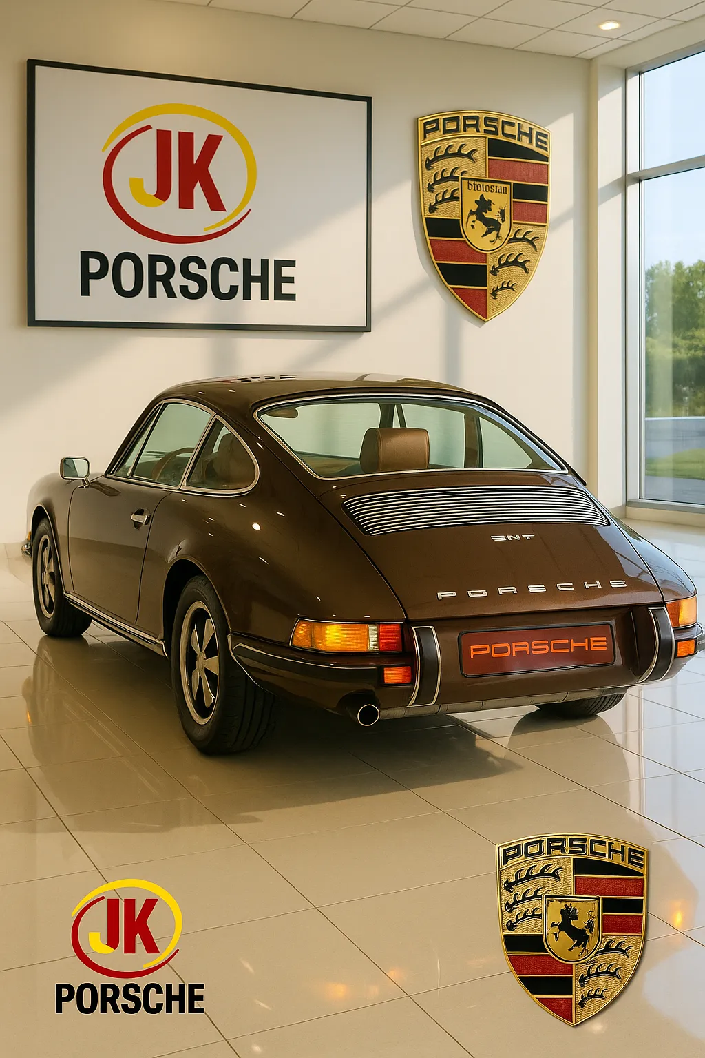 Interior marrom do Porsche 911 T 2.2 com painel e volante clássicos