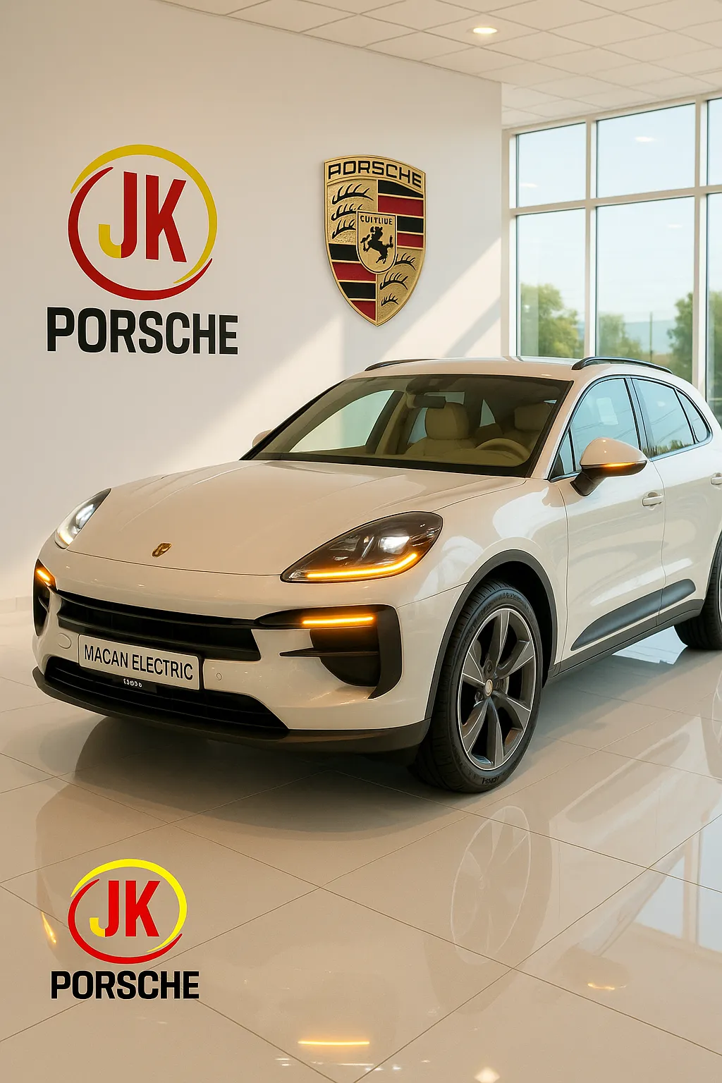 Dianteira do Porsche Macan Electric RWD 2026 branco pérola metálico