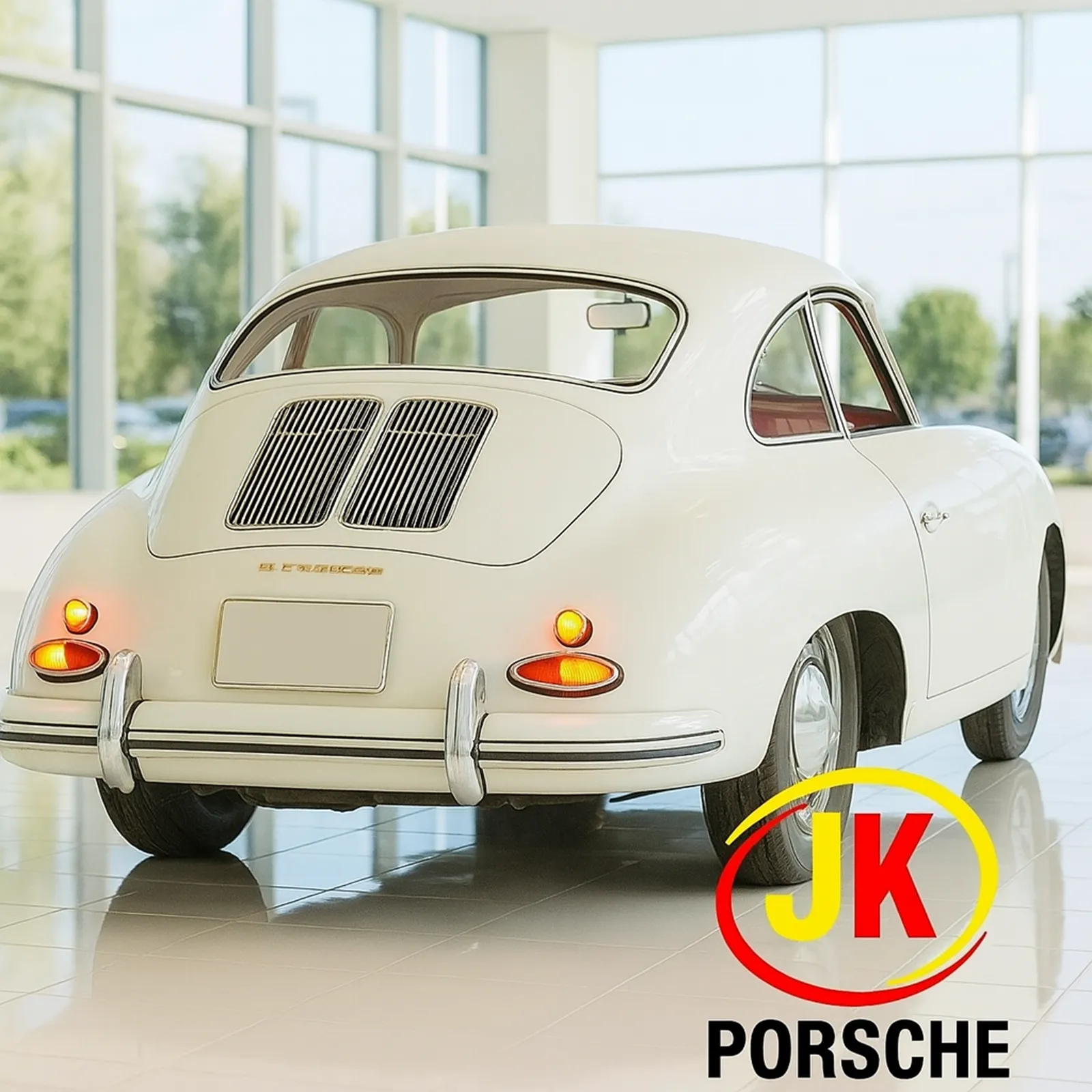 Porsche 356 Coupé 1300 1954 visto de perfil, destaque para a carroceria aerodinâmica e proporções clássicas