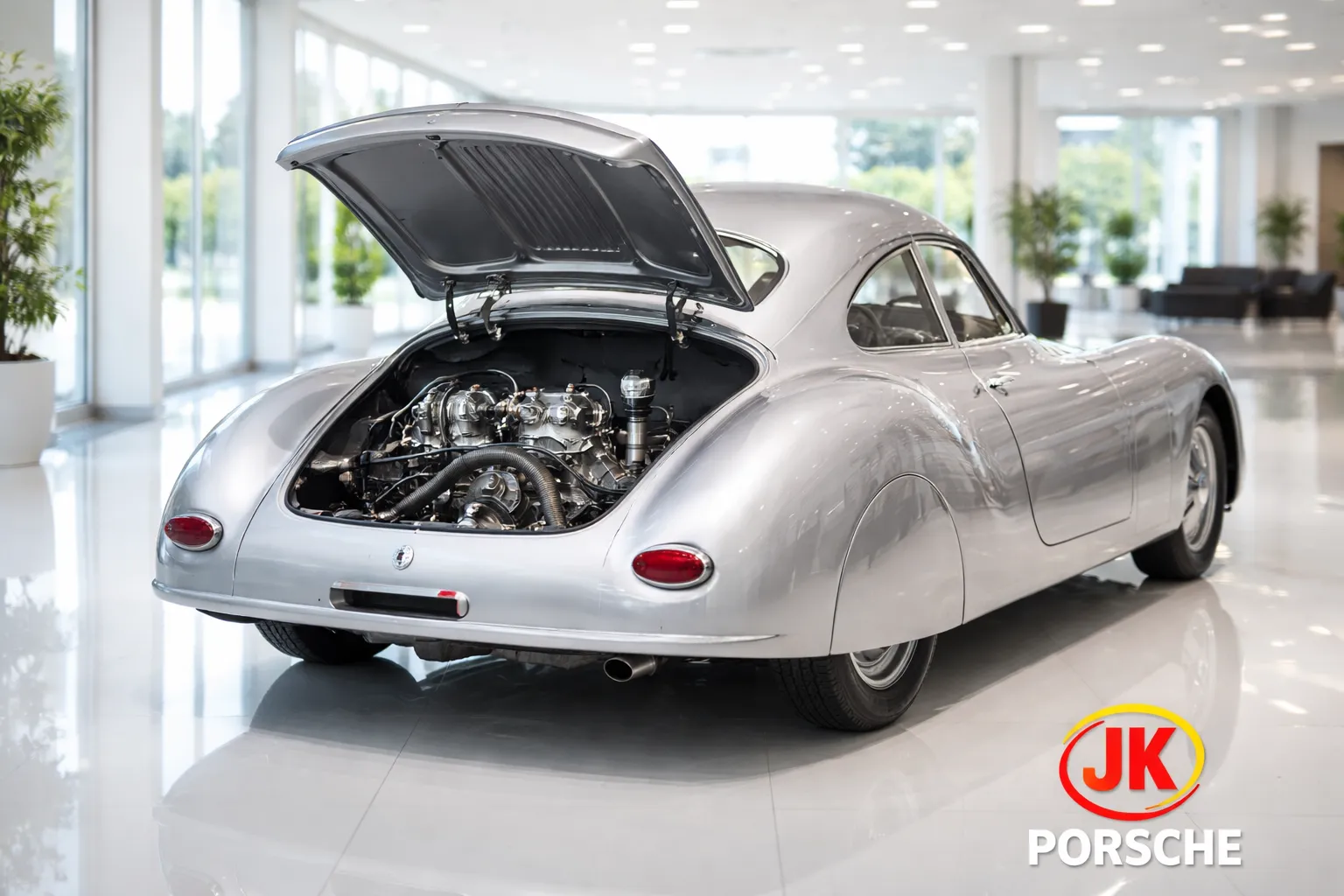Porsche Type 64 ano 1939 visto de trás na diagonal com tampa traseira aberta exibindo o motor, em concessionária clara e extremamente iluminada