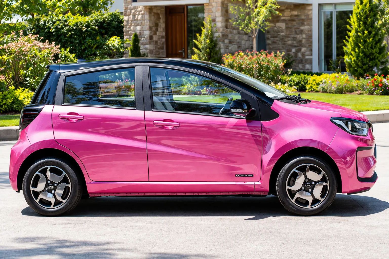 JAC E-JS1 2026 frontal em tom rosa metálico