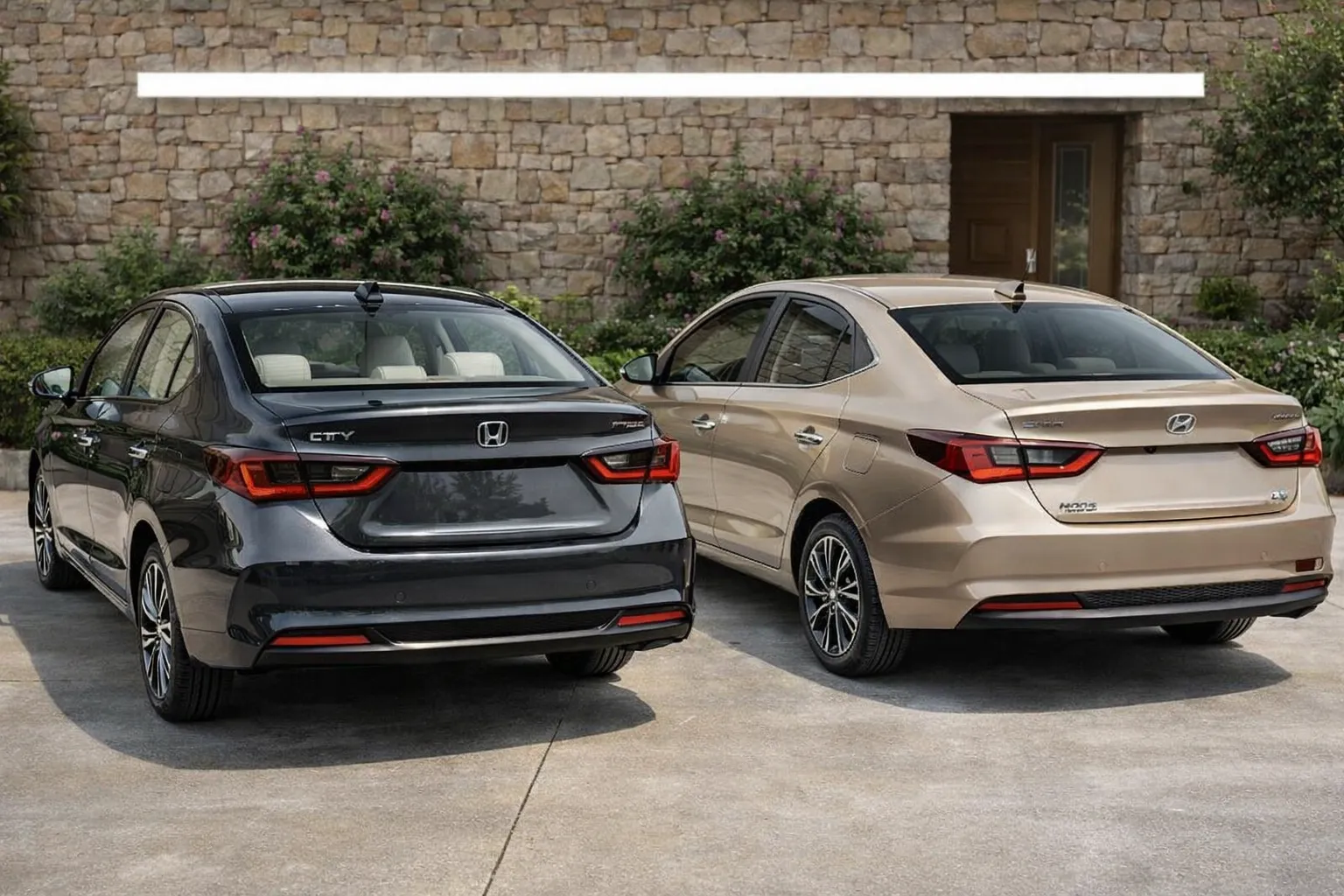 Sedãs compactos estacionados em frente a casa