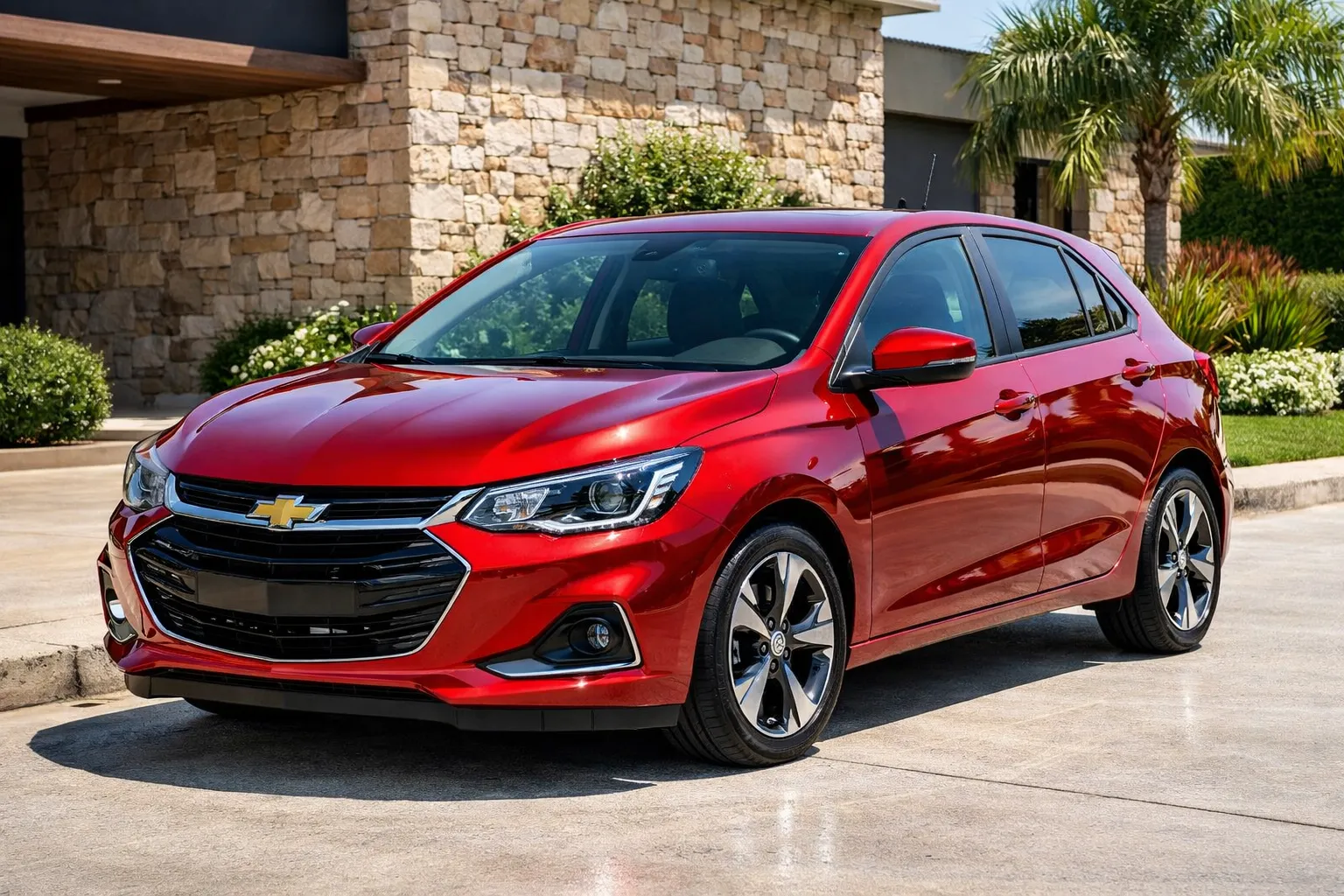 Chevrolet Onix vermelho em frente a casa