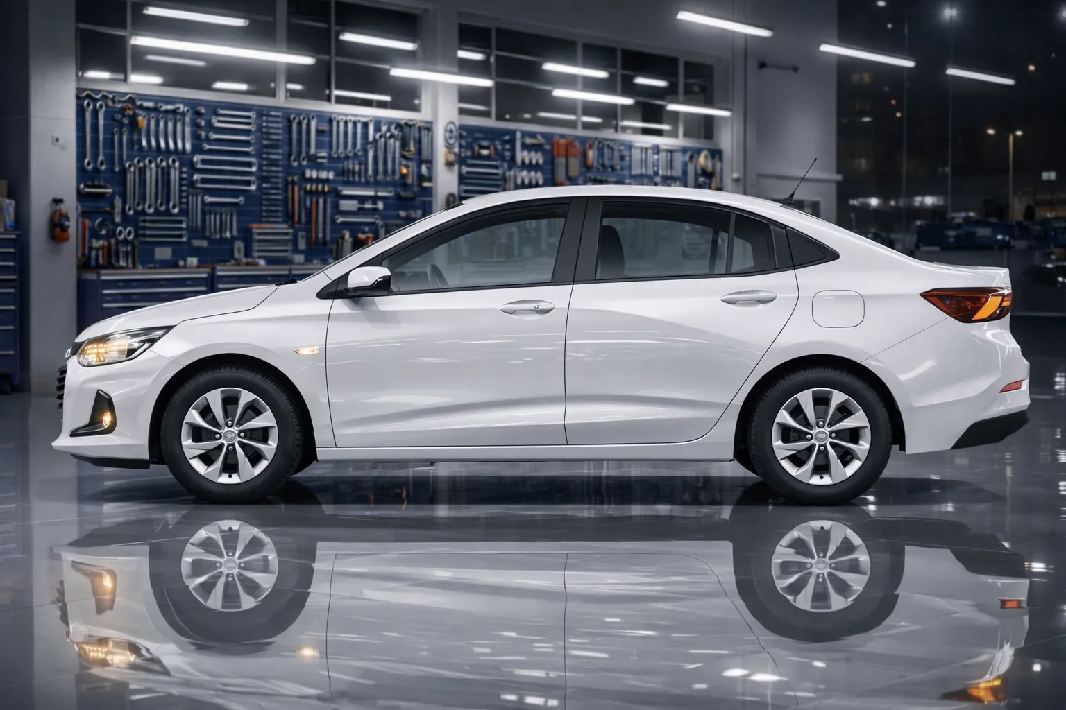 Chevrolet Onix na oficina à noite