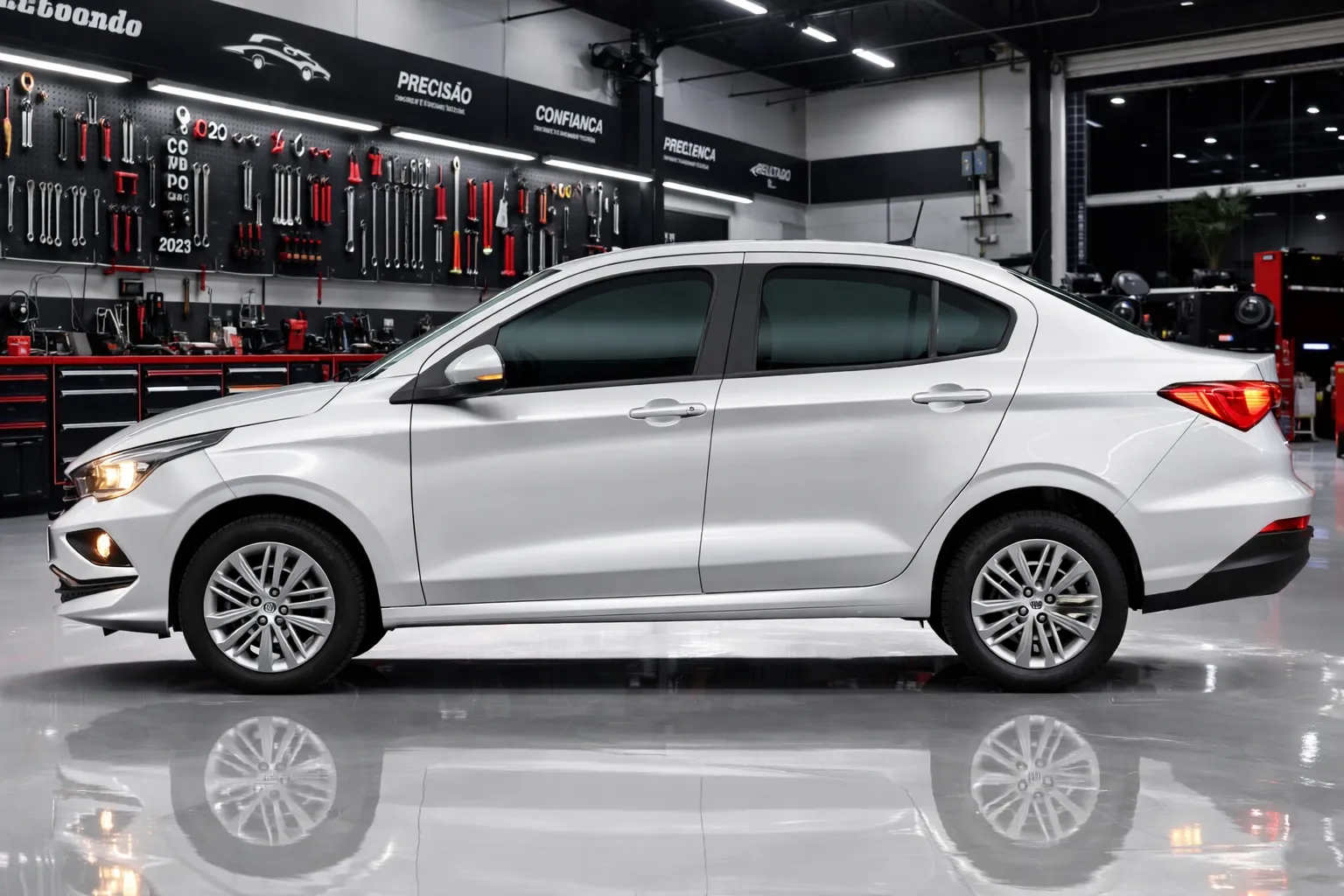 Fiat Cronos em oficina iluminada