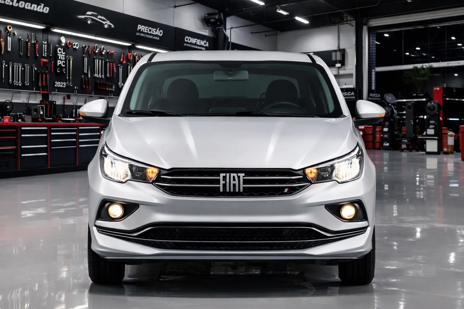 Fiat Cronos na oficina à noite