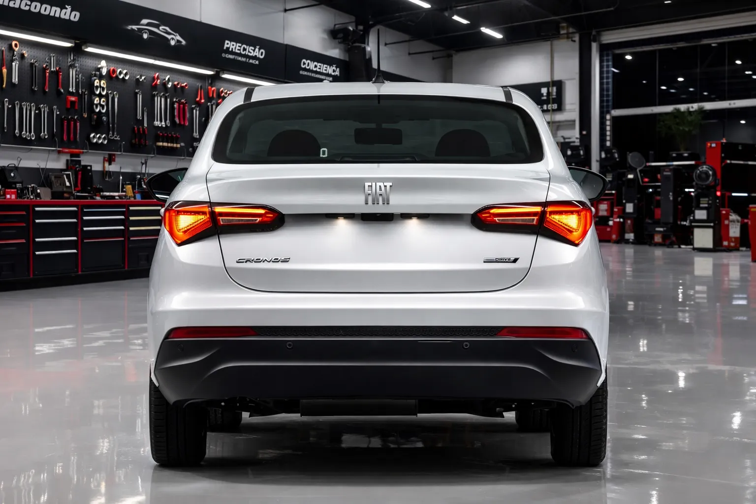 Fiat Cronos na oficina iluminada