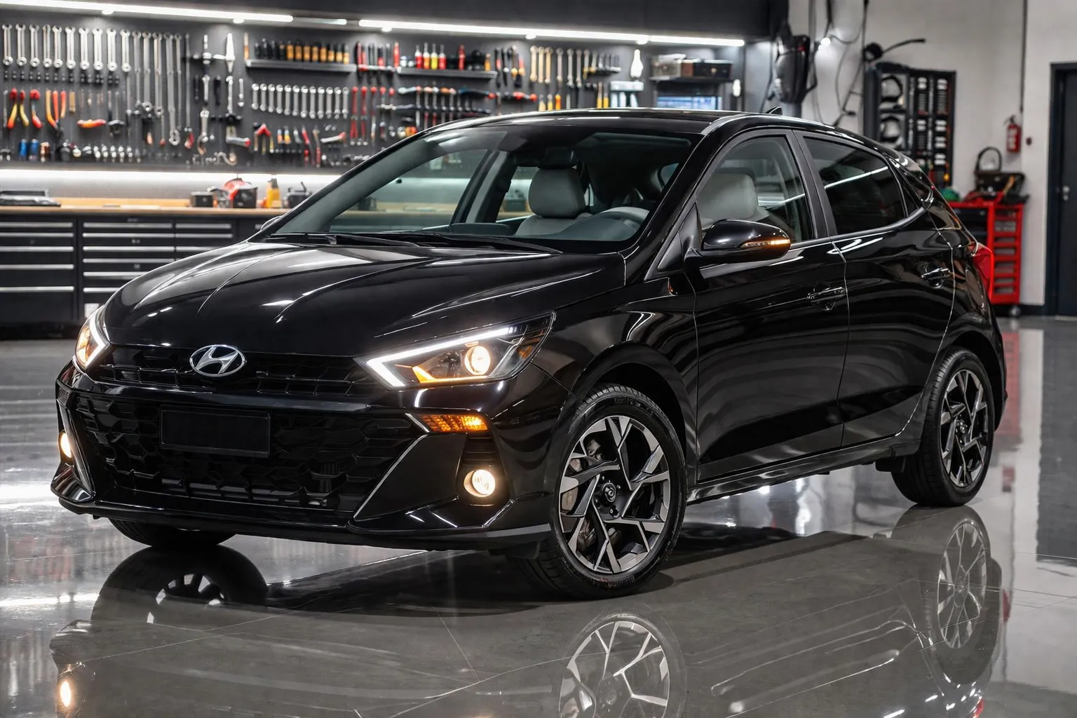 Hyundai HB20 Turbo preto em ambiente escuro e sofisticado