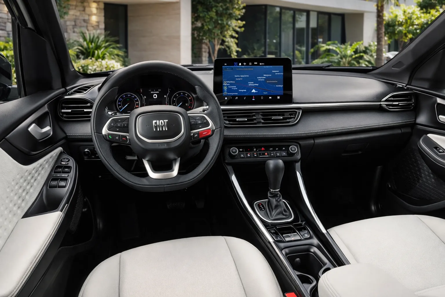 Detalhe do volante e quadro de instrumentos do Fiat Fastback Hybrid