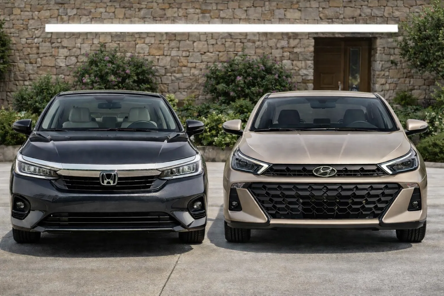 Honda City e Hyundai HB20S em enquadramento frontal