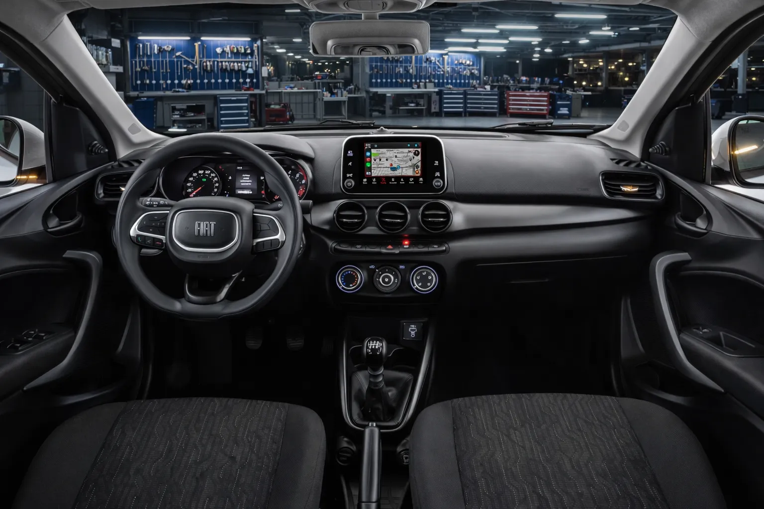 Interior do Fiat Cronos 2023 em oficina