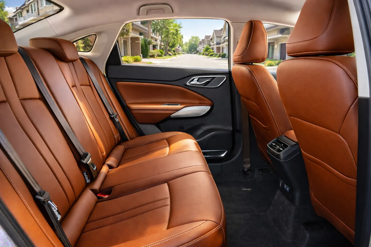 Interior elegante com vista suburbana