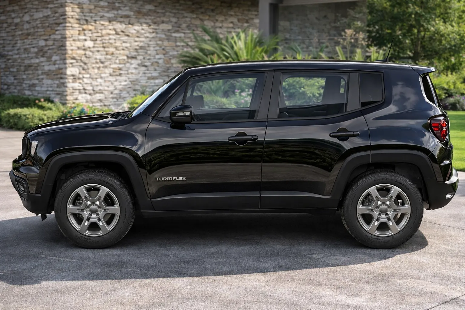 Jeep Renegade frente a casa de pedra