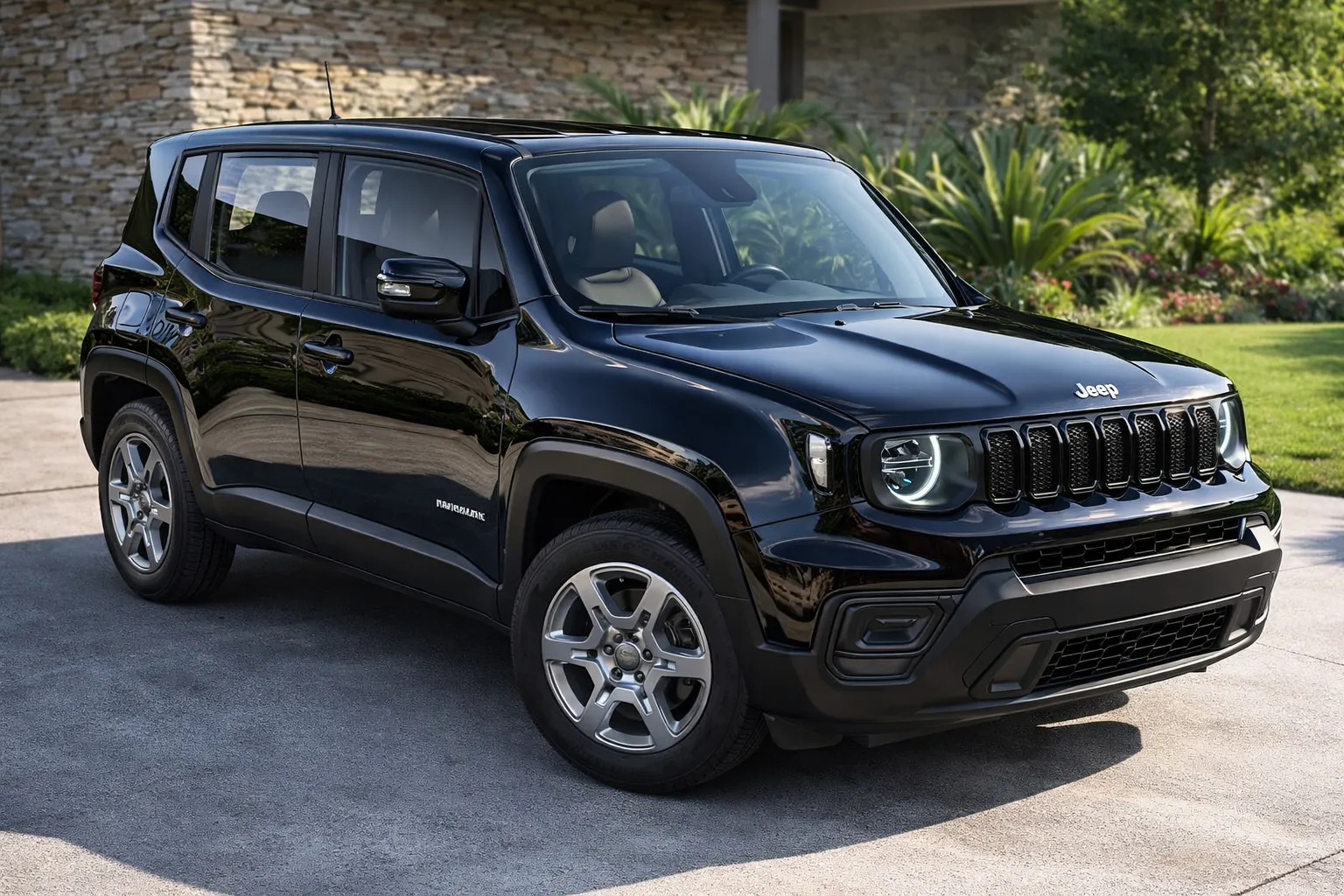 Jeep Renegade frente ao jardim ensolarado