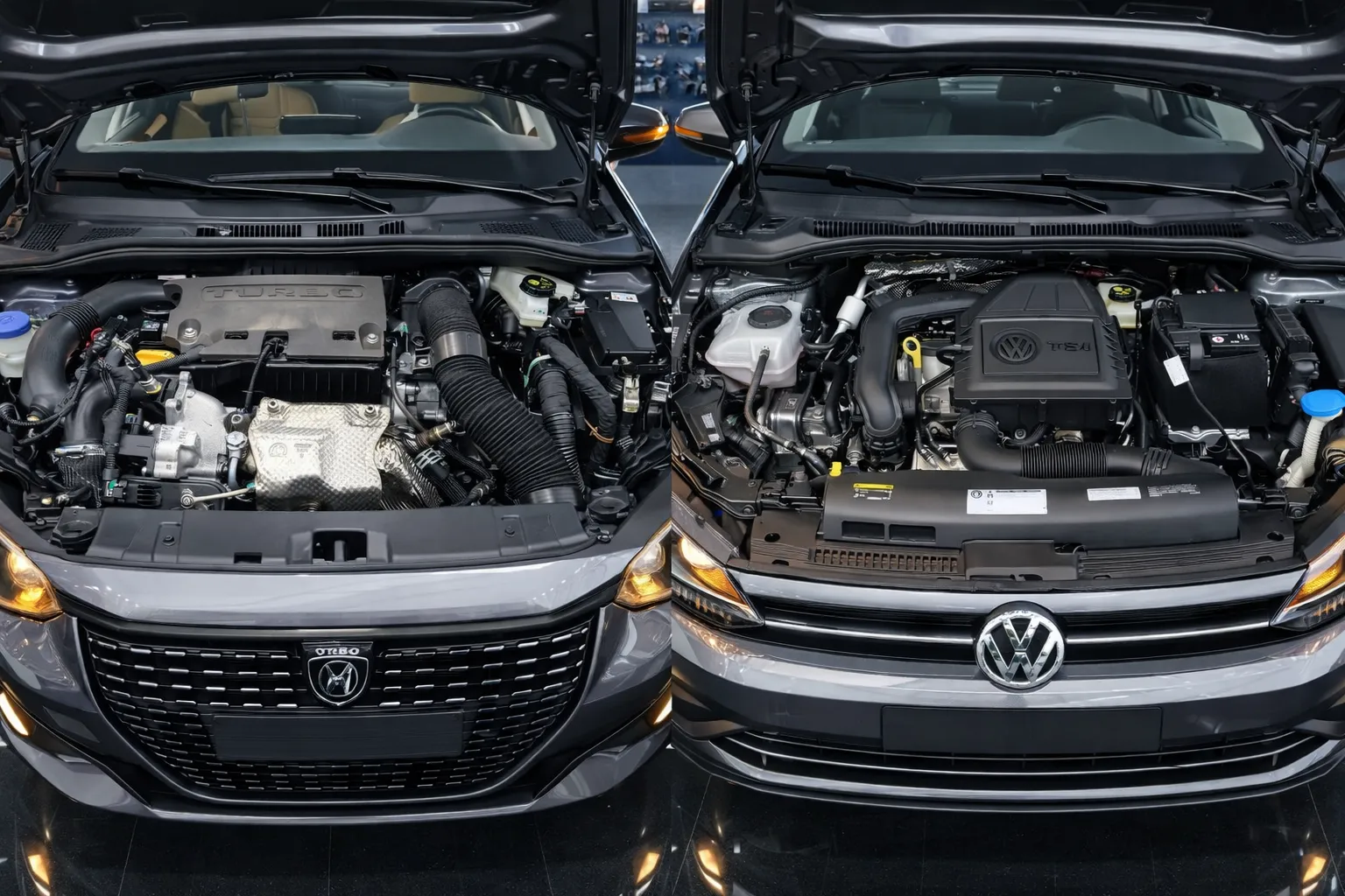 Motores turbo expostos em oficina