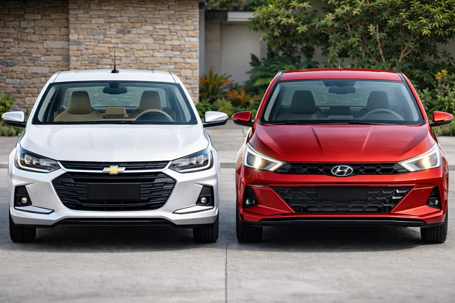 Onix e HB20 em frente a casa moderna