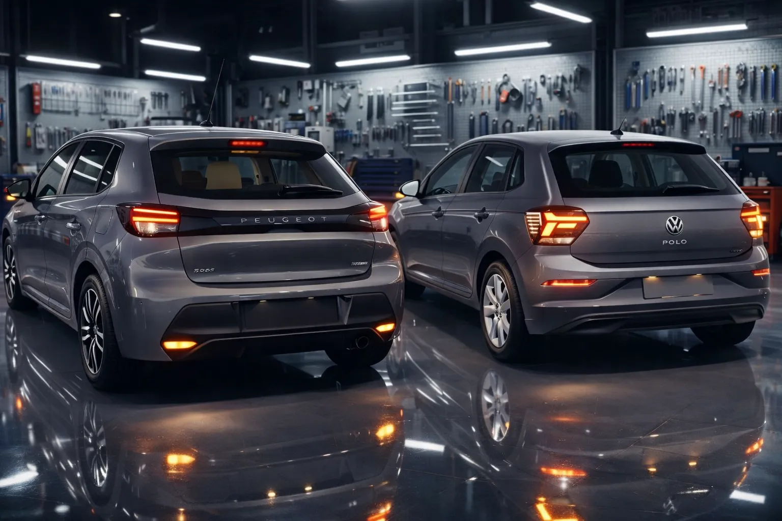 Peugeot 208 e Volkswagen Polo na oficina