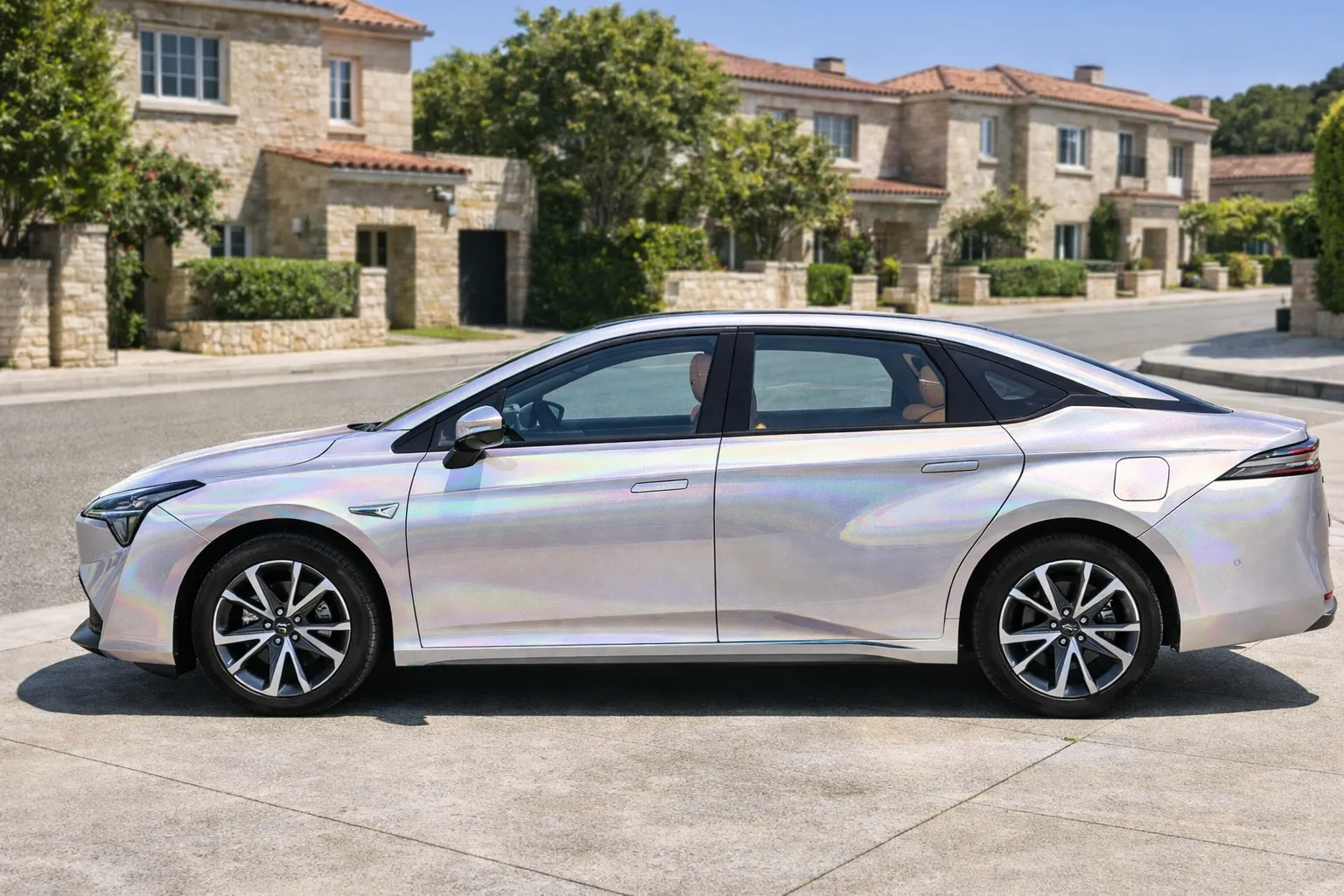 Sedã futurista em rua residencial