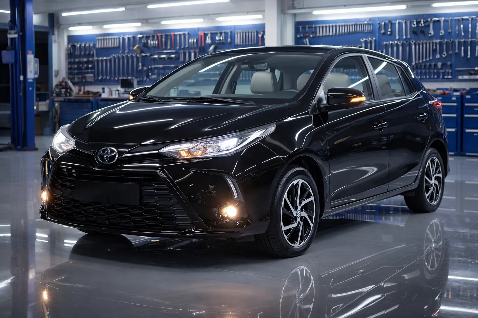 Toyota Yaris em oficina iluminada