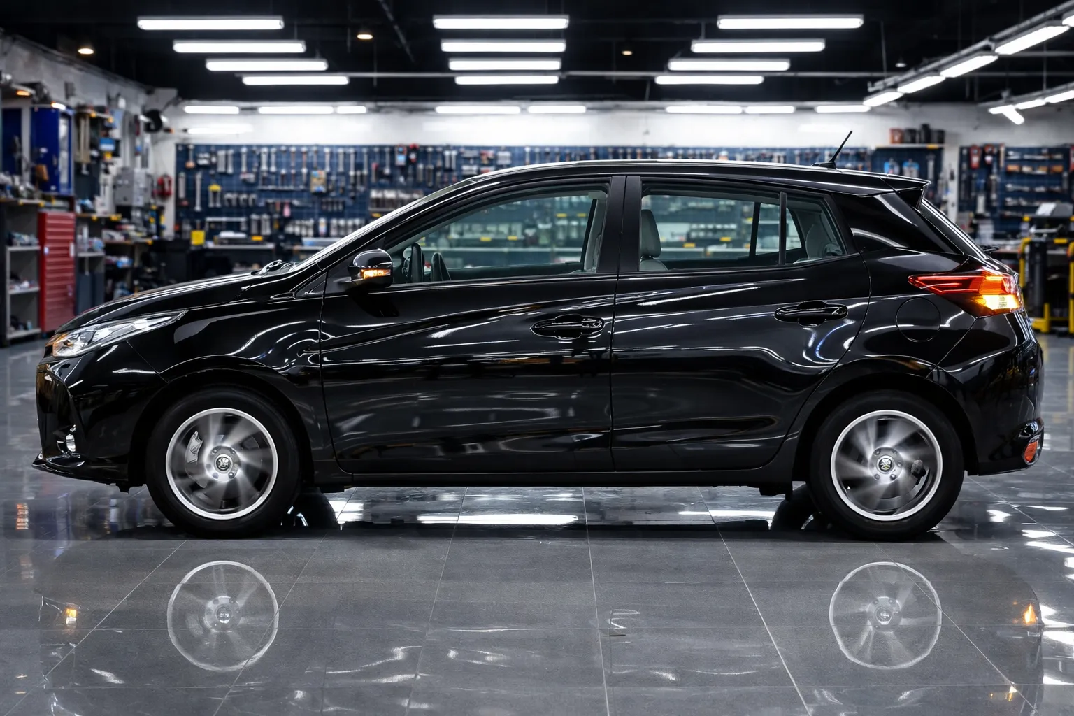 Toyota Yaris preto no workshop