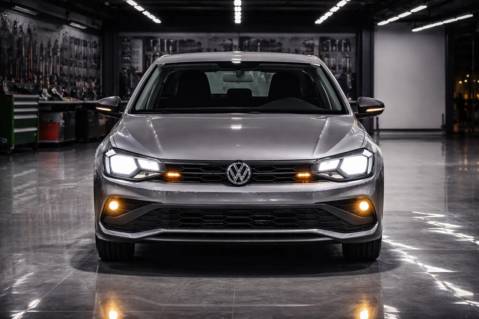 Volkswagen Polo 2023 em oficina iluminada
