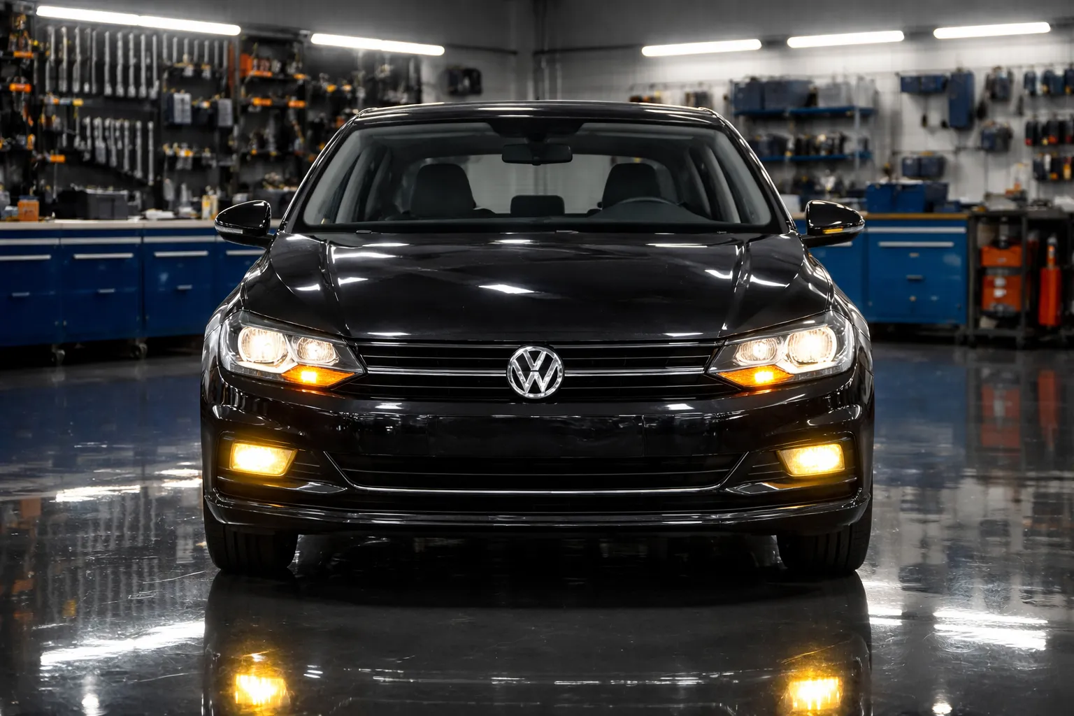 Volkswagen Polo em oficina iluminada de frente