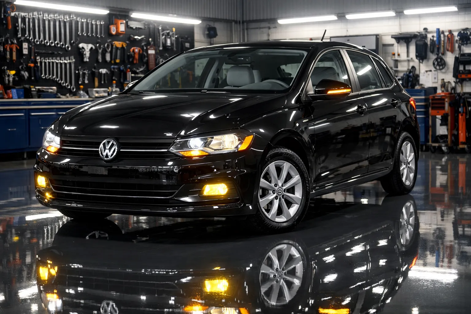 Volkswagen Polo em oficina iluminada