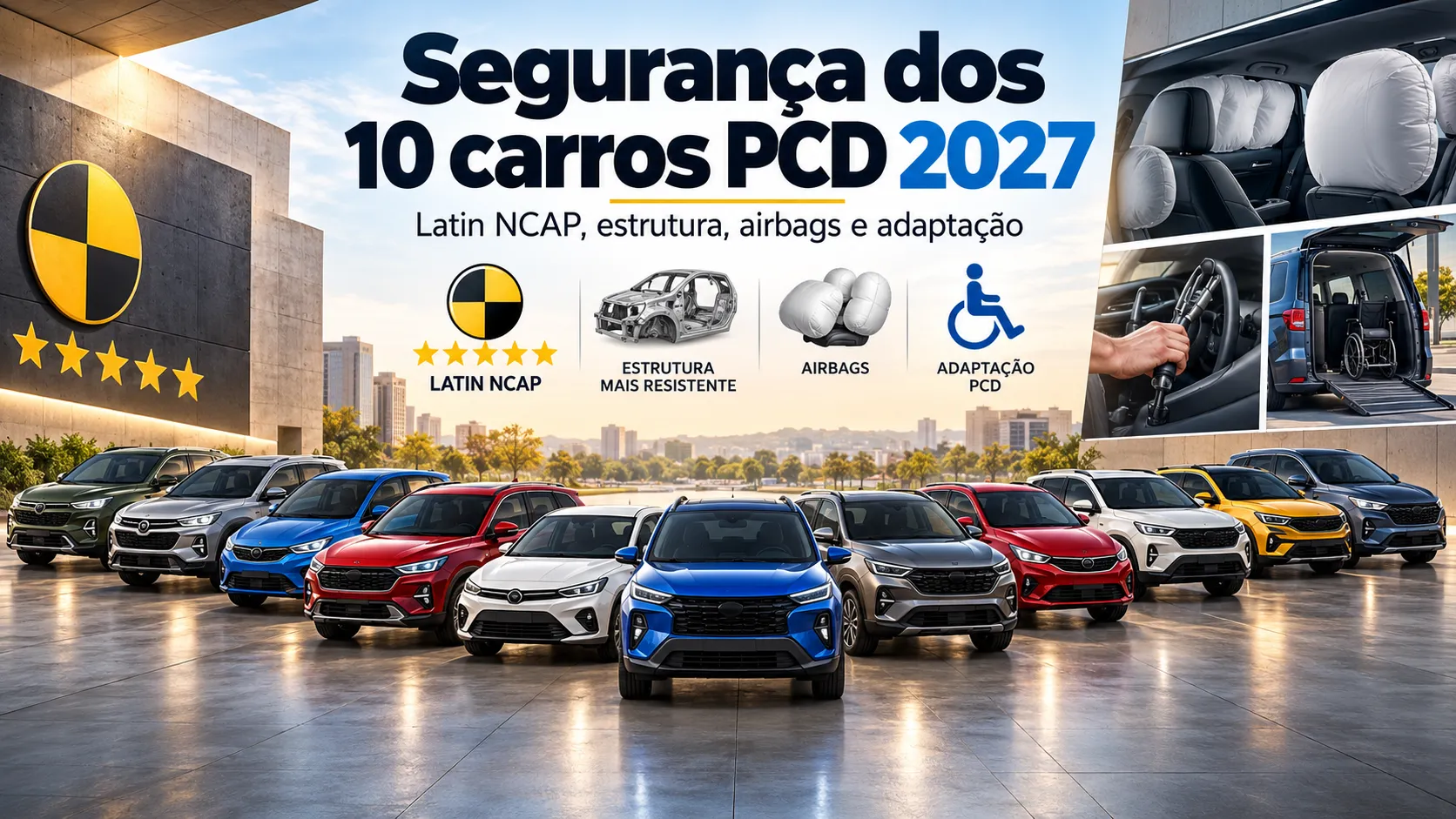 Compare a segurança de 10 carros PCD 2027: notas do Latin NCAP, estrutura, airbags e cuidados para escolher e adaptar o veículo.